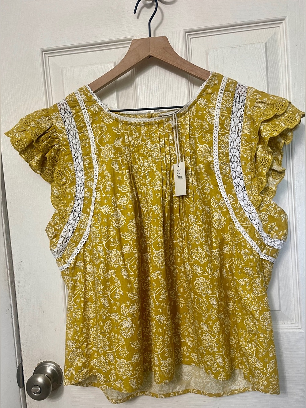 Jennifer & Grace Mustard Yellow Flutter Sleeve Blouse 100% Cotton Size XL NWT
